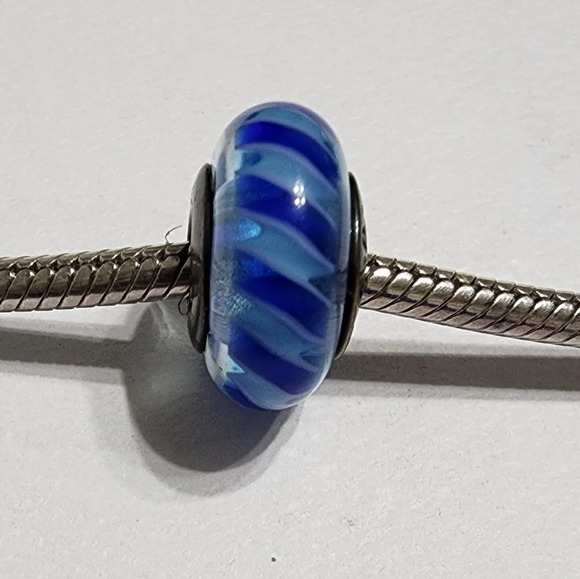 PANDORA Teal-Blue Stripes Murano Glass Sterling Silver Charm - Retired - Picture 1 of 8